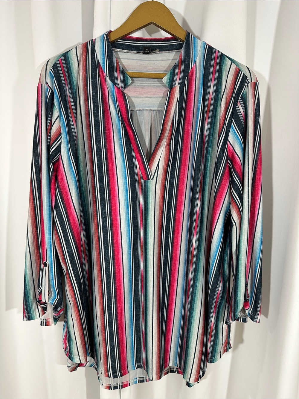 Cowgirl Hardware Western Serape Stripe Blouse Size 1X Pink Blue Tunic Top